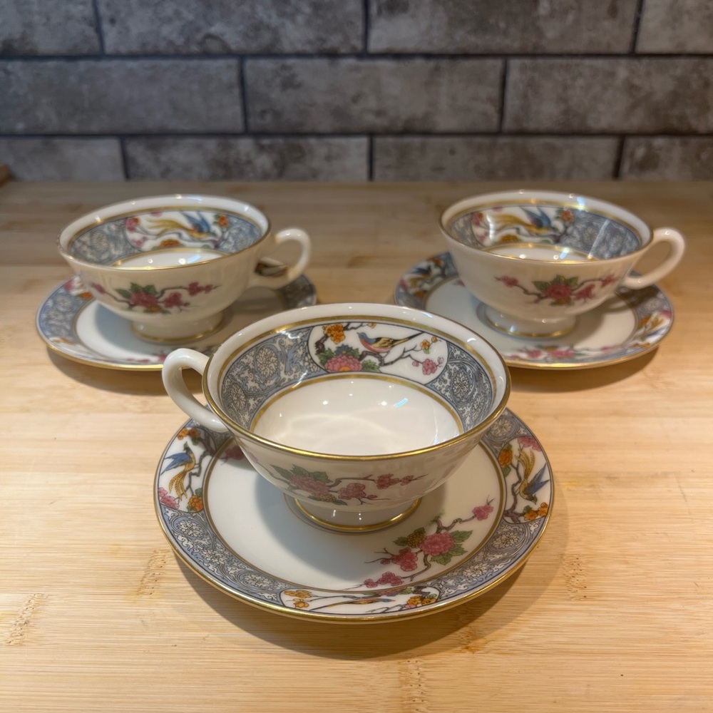 Vintage Lenox Ming-Birds Set of 3 cups and 3 saucers 1953-63 Gold Back Stamp